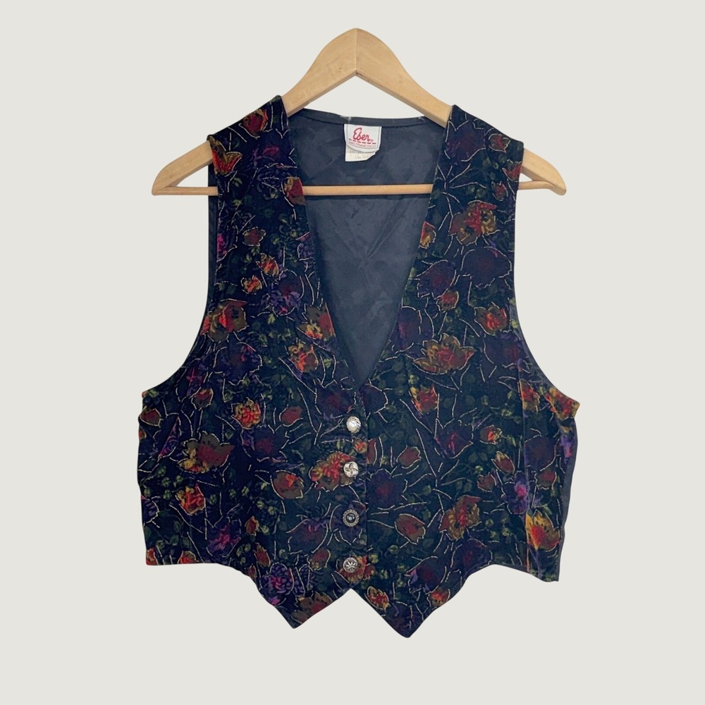 Eber‎ Floral Velvet Vest Size M Black Metallic Whimsygoth 90s Vintage Eclectic